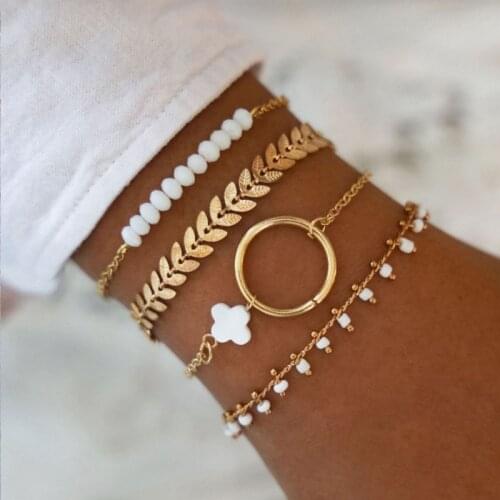 NEW Set Bohemian Gold Color Snake Chain Pendant Round Bead Chain Bracelet Set for Women Clover Bracelet 2021 Fashion Jewelry