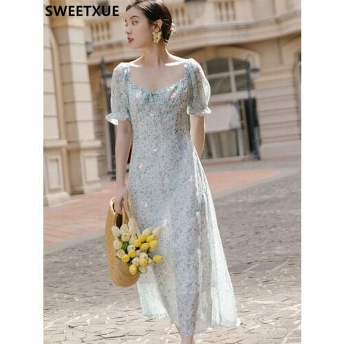 SWEETXUE Retro Sexy V-neck Puff Sleeve Chiffon Dress Womens Print Soft Comfortable Beach Vacatio Korean Female Elegant Summer