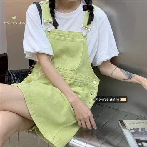 Women Korea Retro Suspender Denim Dress Sleeveless Candy Color Preppy Style Jean Dresses Loose Preppy Style Strap Dress