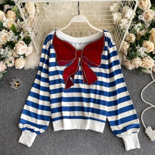 Womens Autumn Hoodies Girl Temperament Velvet Bow Embroidery Loose Bf Casual Wind Off Shoulder Thin Tops Female Pullovers PL568