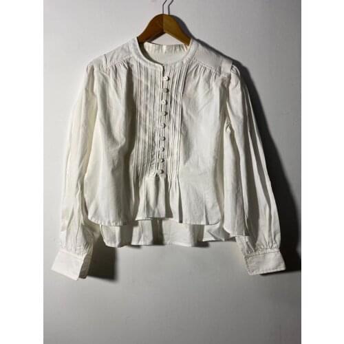 Womens Pleated Blouse O-Neck Long Sleeve Single Breasted 2021 Early Autumn Ladies Loose Top and Shirt