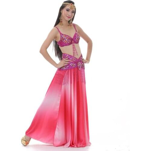 2020 Sari Dancewear Women Belly Dance Costume Set Indian Dance Costumes Bollywood Dress Bellydance Dress 3pcs Bra&Belt&Dress