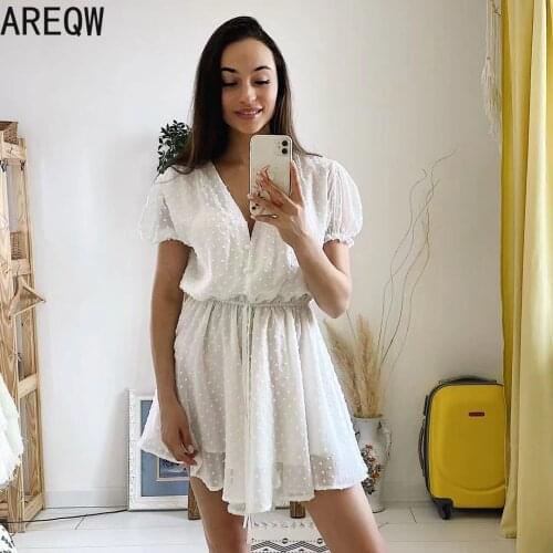 White Polka Dot Beach Overalls Women Summer Jumpsuit Short Sleeve Sash Slim Waist V Neck Sexy Transparent Rompers