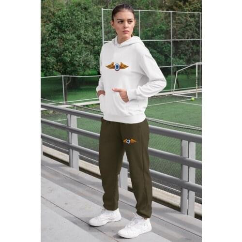 Angemiel Wear Kantalı Eye Women Tracksuit Set White Hooded Sweatshirt Green Sweatpants
