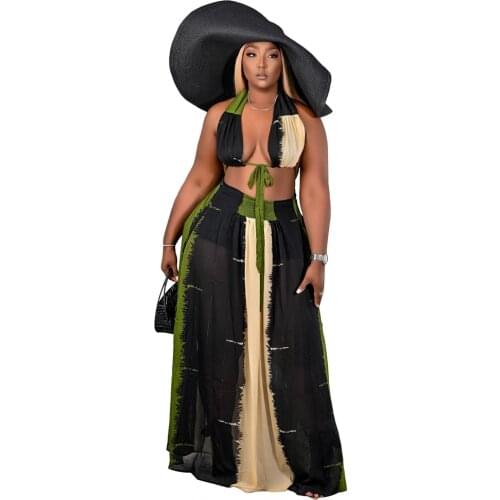 2021 Summer Sexy Print Tracksuit Woman Two Piece Boho Outfit Suits Halter Bandage Tanks And Long Maxi Skirts Matching Sets