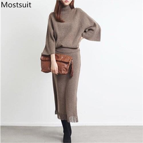 Korean Elegant Knitted Two Piece Skirt Sets 2020 Autumn Winter Turtleneck Pullover + Tassles Skirt Outfits Solid Fashion Sets