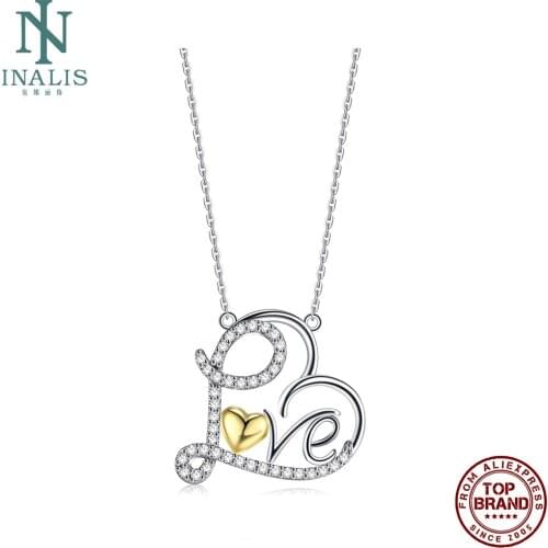 INALIS S925 Sterling Silver Women Necklace Letter LOVE Full Heart Pendant Necklaces Romantic Valentines Day Female Jewlery