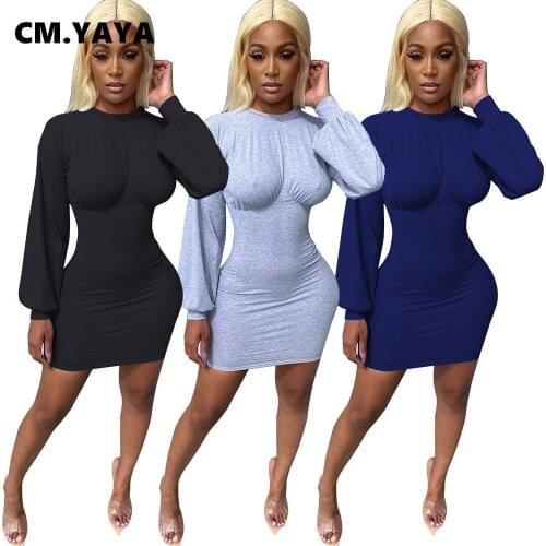 CM.YAYA Winter O-neck Long Sleeve Mini Bodycon Dress for Women Bandage Street Sexy Club Party Night Casual Cotton Dresses