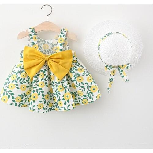 2Pieces Baby Girl Dresses+Sun Hat For 3M-4T Summer Princess Sleeveless Bowknot Dress Flower Printing For Girls Toddler Clothes