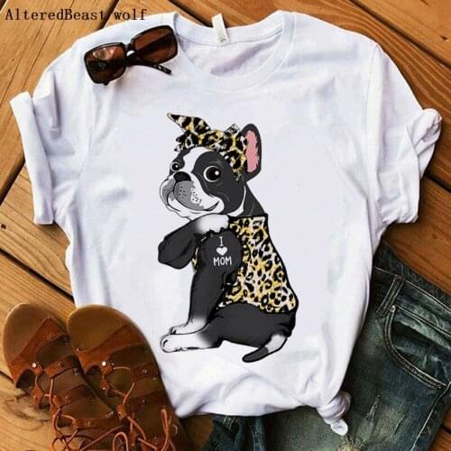2021 Boston Terrier Mom Tshirt Women Harajuku I Love Mom Leopard Print T-shirt Summer Short Sleeve Clothes T Shirt Female