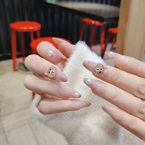 24pcs Artificial Nails With Glue Smoke Purple Small Bear Detachable False Nail Tips Fake Nail Design Press On For Girls Daily TO