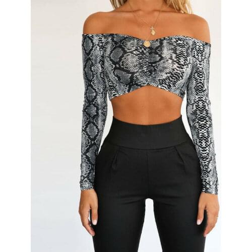 Women Blouses Sexy Snake Skin Top Women Crop Top Off Shoulder Blouse Ladies Blouses And Tops Womens Long Sleeve Tops Slim Blouse