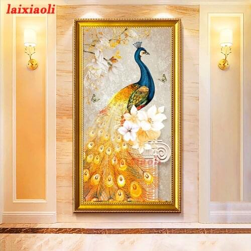 Large DIY Diamond Mosaic Golden peacock animal full Round Drill square Diamond Painting Cross Stitch Kit 5D Embroidery Decor