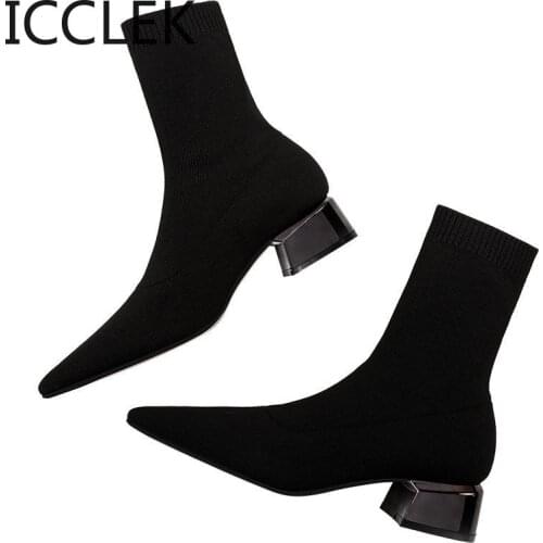 New Ankle Boots Autumn Pointed Toe Stretch Knitting Sock Boots Med Heels Female Slip on Lady Shoes Hot Fashion Shoe