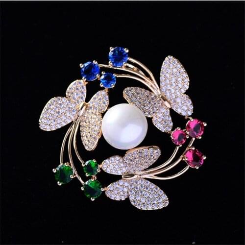OKILY Delicate CZ Butterfly Wreath Brooch Pin Big Pearl Brooches for Women Valentines Day Gift Bouquet Wedding Jewelry Broche
