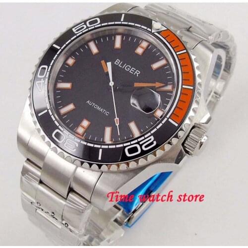 BLIGER 43mm Miyota 8215 Automatic watch men waterproof SS bracelet black dial Luminous sapphire glass red Ceramic Bezel 172