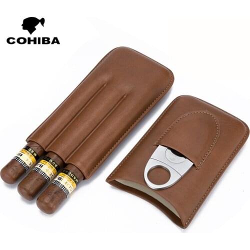 COHIBA Genuine Leather Brown Cigar Cigarette Case Holder Travel Humidor Box W/Stainless Cigar Cutter Fit 3 Cigars Smoking Tool