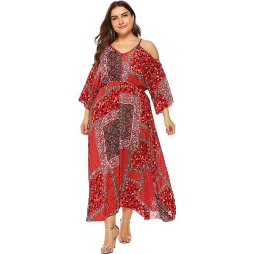 Red Fashine Dresses Hot Style Plus Size Womens Popular Printed Cotton Comfortable Sling Strapless Flared Sleeve Skirt Traf