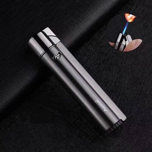 Butane Windproof Lighter Metal Ultra-Thin Body Blue Flame Direct Injection Cigarette Lighter Cigar Accessories Small Gift
