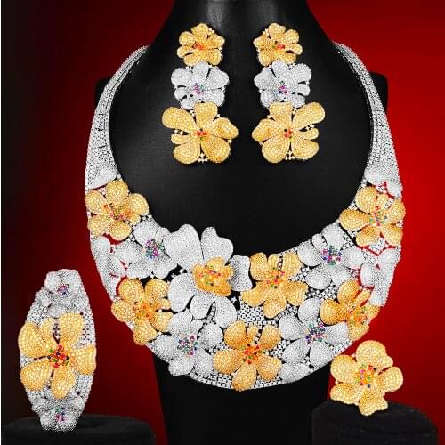 Blachette Trendy Luxury Bloossom For Women Bride Wedding Jewelry CZ Dubai Indian Necklace Earrings Bangle Ring 4PCS Pendientes