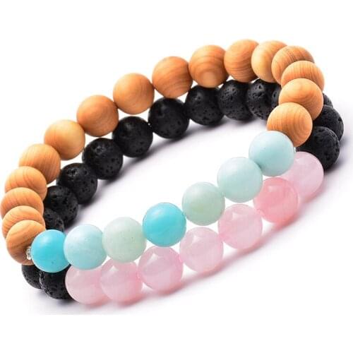 Fashion Black Lava Stone Beads Bracelet Men Wooden Lava Volcanic rock Yoga Double Unisex Charms Bracelets For Wedding Gift Set