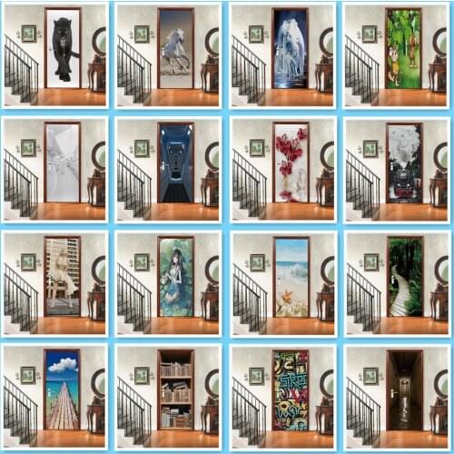 Animals 3D Stickers For The Door Vinyl Wallpaper Adhesive Door Posters Living Room Bedroom Entrance Door Renovation Home Decor