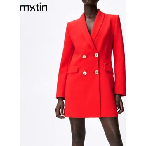MXTIN 2021 Women Spring Vintage Red Double Breasted Jacket Coat Fashion Lapel Collar Long Sleeve Office Lady Female Long Tops