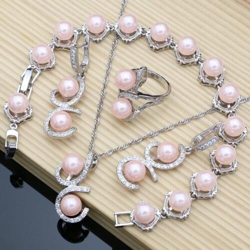 Luxury Silver 925 Jewelry Sets for Women Shiny Pink Pearl Bracelet Earrings Ring Necklace Sets Gift for Her Dropshipping