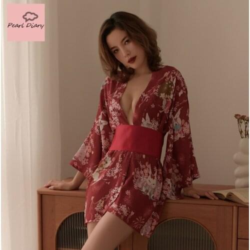 Sexy Lingerie For Women Naughty For Sex Kimono Chiffon Print Uniform Temptation Suit Hanbok Bathrobe Pajamas