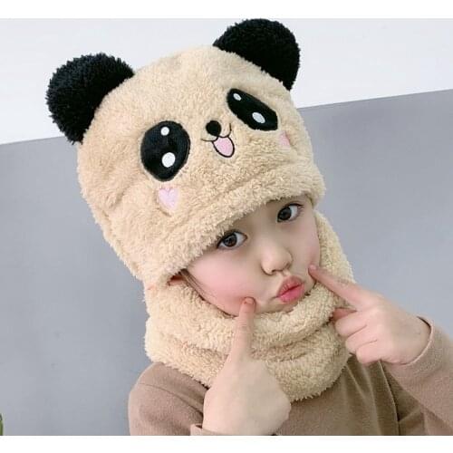 Kids Hat Autumn Winter Knitted Hats Set Boys Girls Cute Panda Ear Protection One-piece Warm Cold-proof Hooded Caps Scarf Bibs