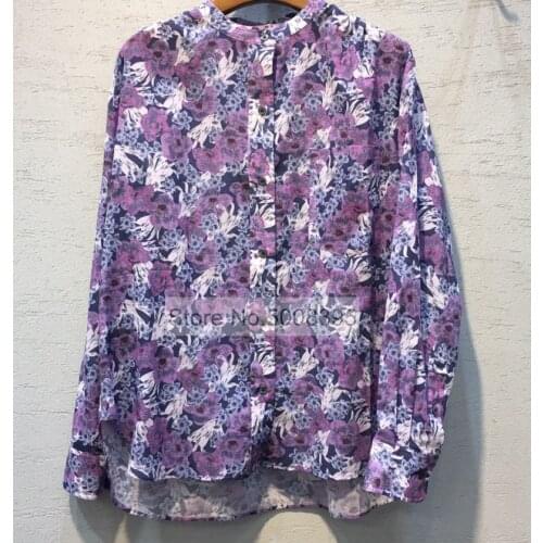 Woman Purple Floral Print Cotton Shirt Round Neck Long Sleeves Front Buttons Fashion Blouse Tops 2021SS Hot Sale