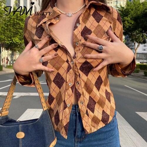 Vintage Plaid Print T Shirt Women Button Up Aesthetic Grunge Clothes Casual Long Sleeve Tops High Street Elegant Shirt Iamhotty