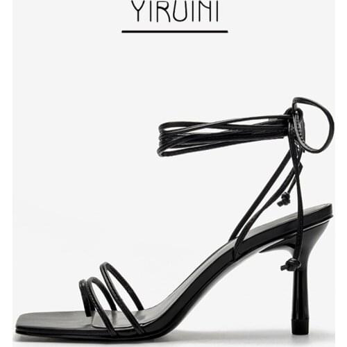 2021 CK Syle Women Sandals Pinched Toe One Stap In Font Square Toe Ankle Lace-Up High Thin Heels Shoes Women