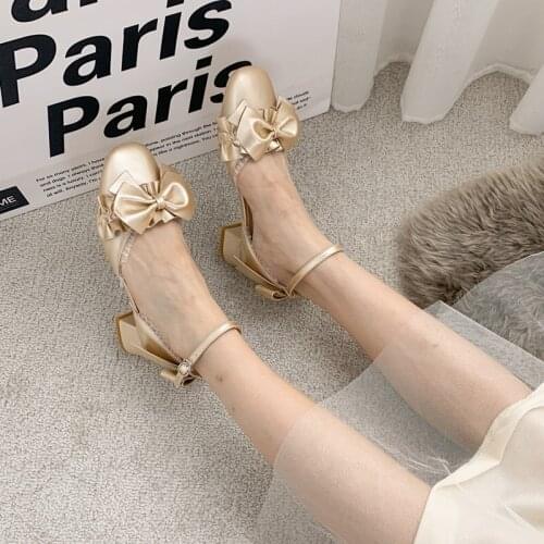 Ladies Elegant Japanese Bowknot Mary Jane Lolita Shoes Mid Heel Feminine Sandals Anime Cosplay Princess Sweet Girls Cute Kawaii