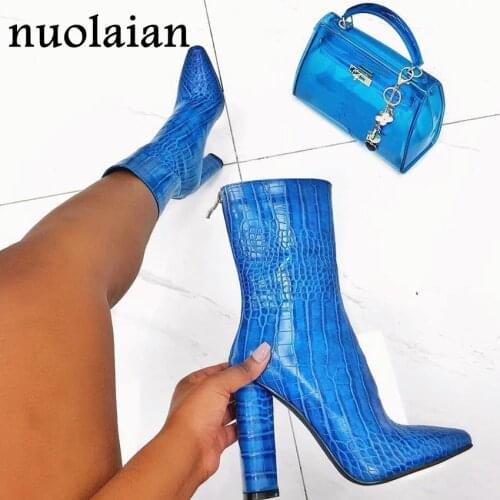 Womens Blue Patent Leather Boots Woman 10.5CM High Heel Shoes Ankle Boots Lady Winter Fur Boot Snow Shoe