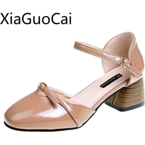 Round Toe Women Mules Shoes Summer 2018 Newest Buckle Female High Heels Pumps Buckle Square Head with Thick Heel OL Shoes