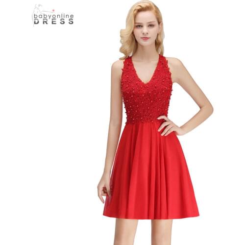 Babyonline Dress Pearls Decorated Homecoming Dress 2019 Fashion Sleeveless Knee Length Red and Burgundy Lace Graduation Dresses