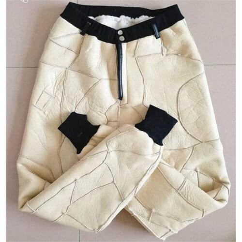 Winter New Double Faced Wool Fur High Waist Genuine Leather Pants Men and Women Real Wool Liner Warm Cotton Trousers Y361