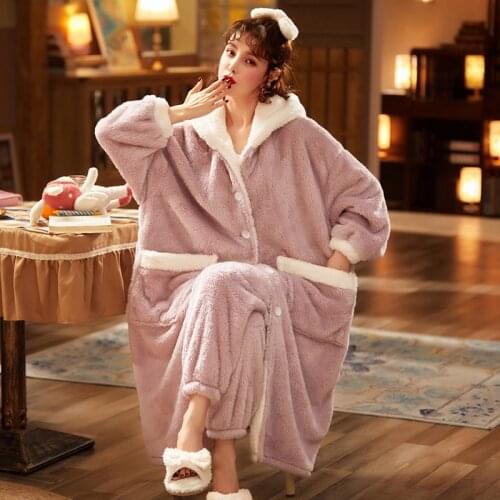 Winter Pajamas Plus Size Women Sleepwear Set Loose Version Keep Warm Medium Style Intensification Pyjamas Plush Nightgown Hooded