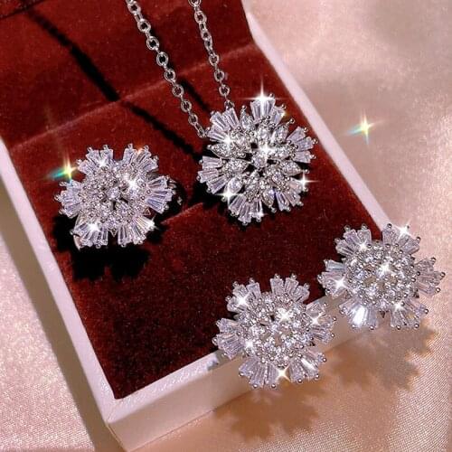 Full Zircon S925 Silver Jewelry Sets for Women Cubic Zirconia Snowflake Necklace Pendant Ring Stud Earrings 3PCS Wedding Jewelry