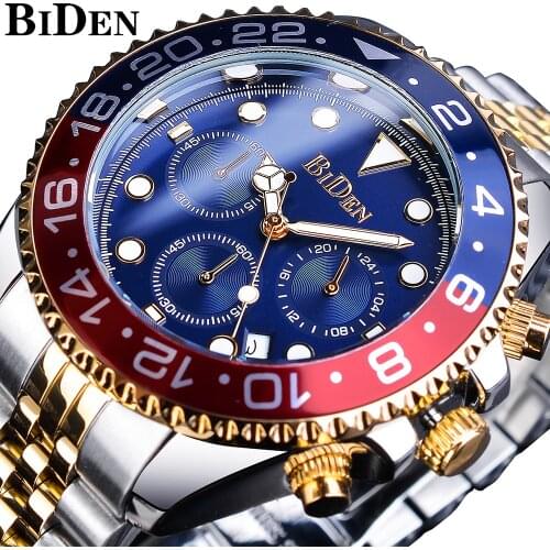 BIDEN Blue Silver Men Quartz Watch Stainless Steel Waterproof Luxury Chronograph Sport Watches Military Date Clock Wristwatch
