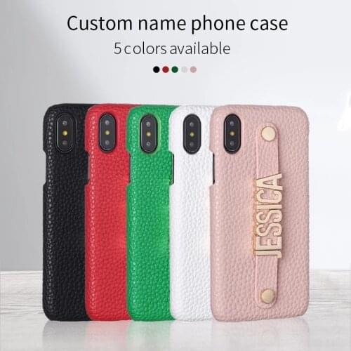 Holding Strap Metal Personalization Your Name Pebble Grain Leather Phone Case For iPhone 12 11 Pro XS Max XR 7 7Plus 8 8Plus X