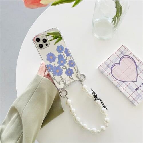 Daisy Mirror Pearl Bracelet Chain Phone Case For iphone 12 11 Pro XS Max XR X 8 7 Plus SE 2020 12mini Wrist Strap Back Cover