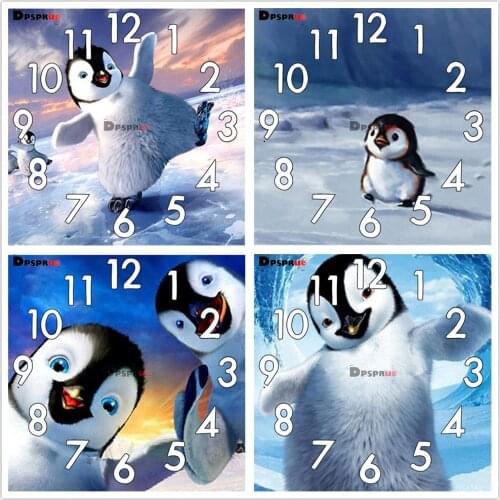 Dpsprue Full Diamond Painting Cross Stitch With Clock Mechanism Mosaic 5D Diy Square Round penguin 3d Embroidery Gift HG16