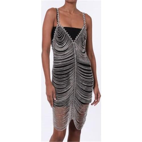 High-end Crystal Body Chain Skirts Sets Sexy Clubwear Birthday Party Camisole Tassel Rhinestones Siamese Skirt Long Necklace