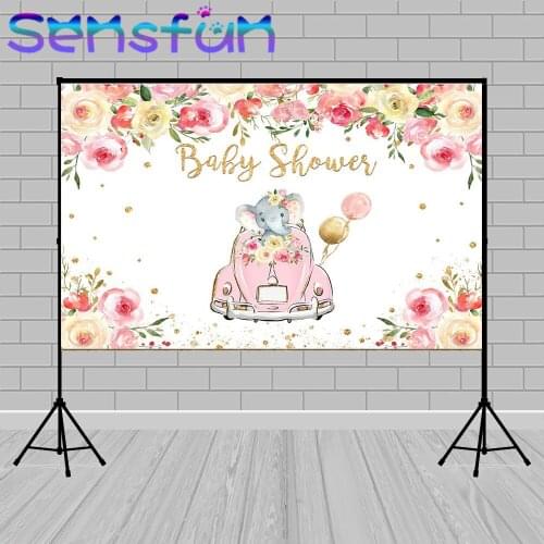 Elephant Baby Shower Backdrop for Girl 7x5ft Floral Party Decoration Pink Gold Balloon Car Photography Background Newborn Banner