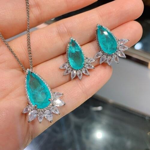 QTT Brilliant Water Drop Silver 925 Jewelry Paraiba Tourmaline Gemstone Jewelry Sets For Women Earrings/Necklace Dazzling Sets