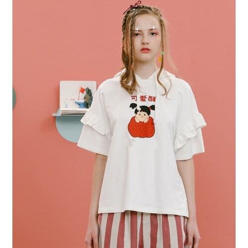 2017 Fashion Summer New Women Tops Hoodies Short Sleeve Ruffles Cute Girl Printed White Pullover Sweatshirts Loose Cotton