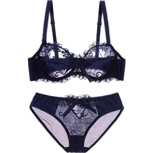 Women Sexy Transparent Suit Bra Comfortable Everyday Bra Lingerie Sets Femme Lace Ultra Thin Large Size Underwear Set 85E 90D