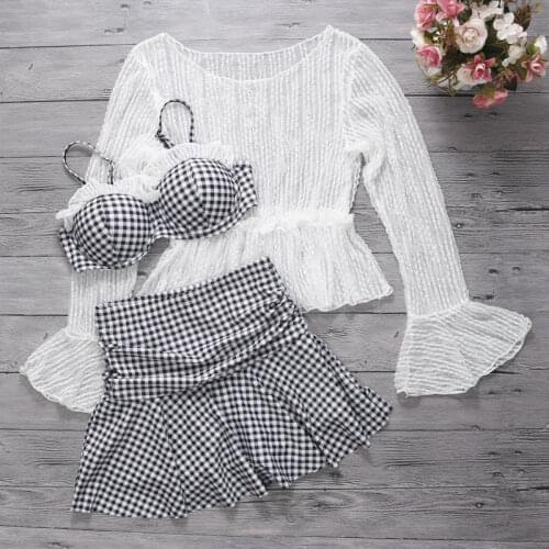 2021 New Women Plaid Bikini Push Up Bathing Suit Swimwear High Waist Swimsuit Padded Swimming Beachwear Female Biquini with Tops